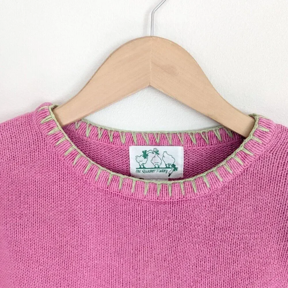 Quacker Factory Flamingo Tropical Novelty Embroidered Knit Top Pink Blue Small S